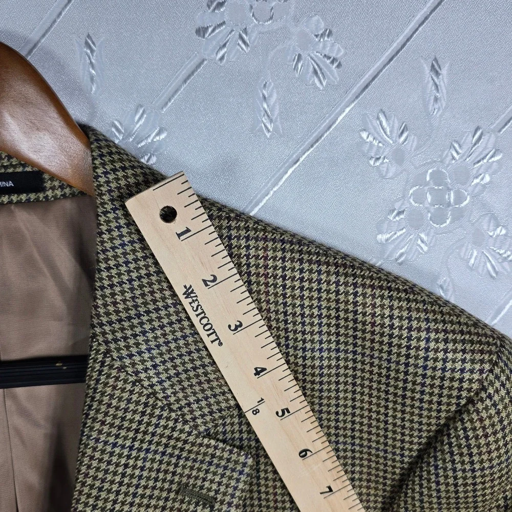 Chaps‎ Blazer Men 42R 100% Silk Houndstooth Beige Brown Blue 2 Button Academia